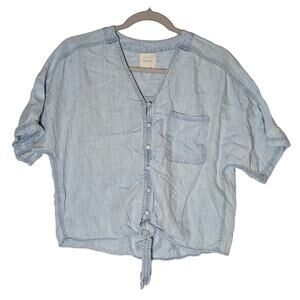 Harper Retro Denim Top XS Blue Tie Front Button Up Short Sleeve Casual V-Neck